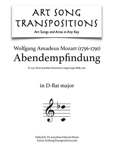MOZART: Abendempfindung, K. 523 (transposed to D-flat major) (arr. ArtSongTranspositions.com)