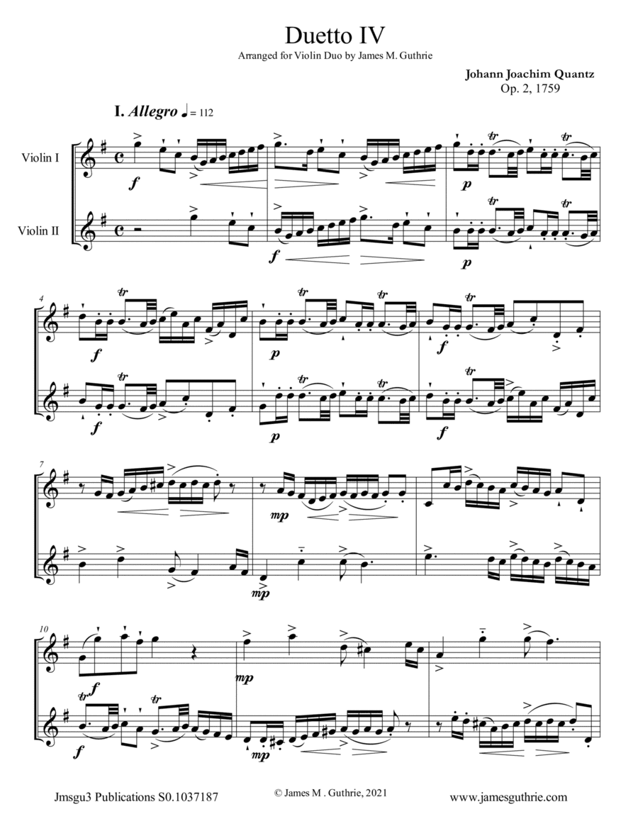 Quantz: Duetto Op. 2 No. 4 for Violin Duo (arr. James M. Guthrie)