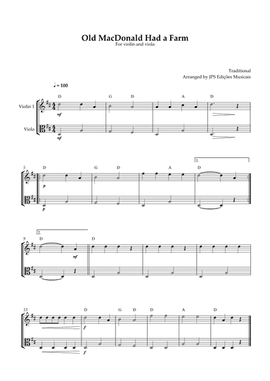Old MacDonald Had A Farm for violin and viola (arr. JPS Edições Musicais)