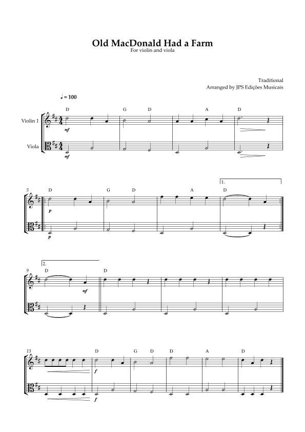Old MacDonald Had A Farm for violin and viola (arr. JPS Edições Musicais)