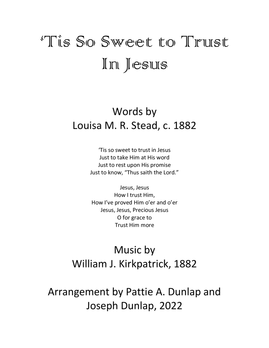 'Tis So Sweet to Trust in Jesus, P/V/G/Synth Strings (arr. Pattie A. Dunlap and Joseph Dunlap)