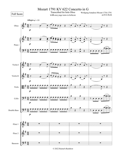 Mozart 1791 KV 622 Oboe Concerto in G with Chamber Orchestra (arr. R G Roth)