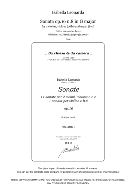 Isabella Leonarda, Sonata op.16 n.8 in G major (arr. Alessandro Bares)