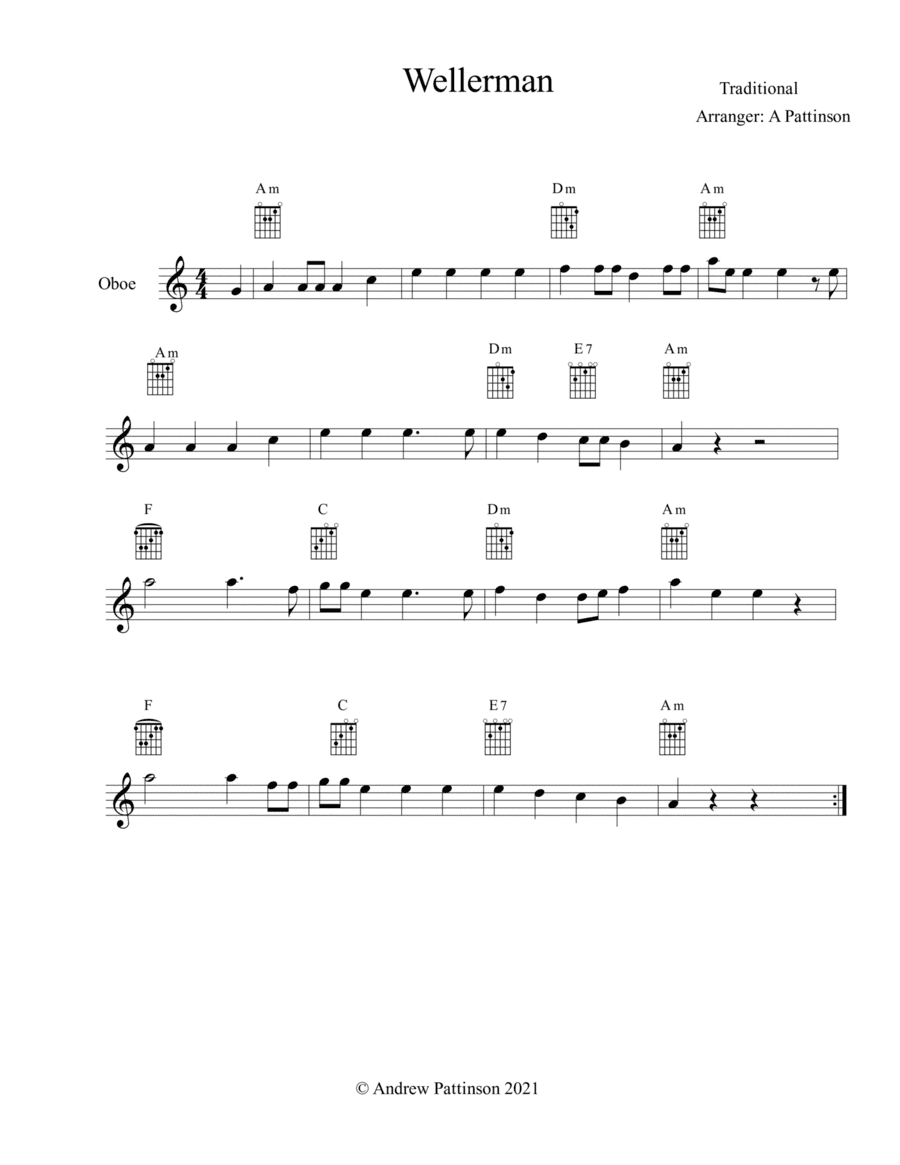 Wellerman for Easy Oboe with Guitar Chords (arr. Andrew Pattinson)