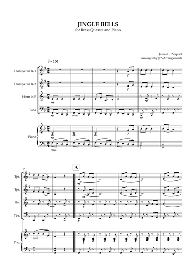 Jingle Bells for Brass Quartet and piano in F major (arr. Jps Arrangements)
