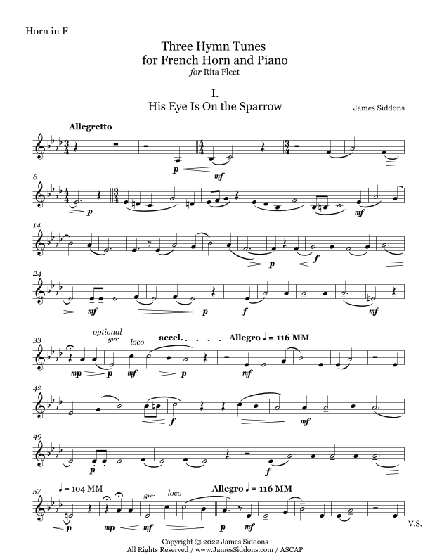 Three Hymn Tunes for French Horn and Piano HORN PART (arr. James Siddons)