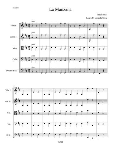 La Manzana. Open strings and first finger. Score & parts. (arr. Laura C. Quijada Ortíz)