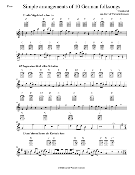 10 Volkslieder - Simple arrangements of 10 German folk songs (flute and guitar chords) (arr. David Warin Solomons)