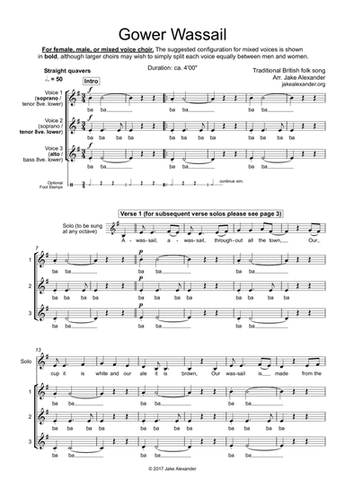 Gower Wassail - SSA/TTB/SAT a cappella (arr. Jake Alexander)