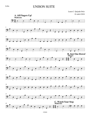 Unison Suite for beginning string orchestra. CELLO PART ONLY.