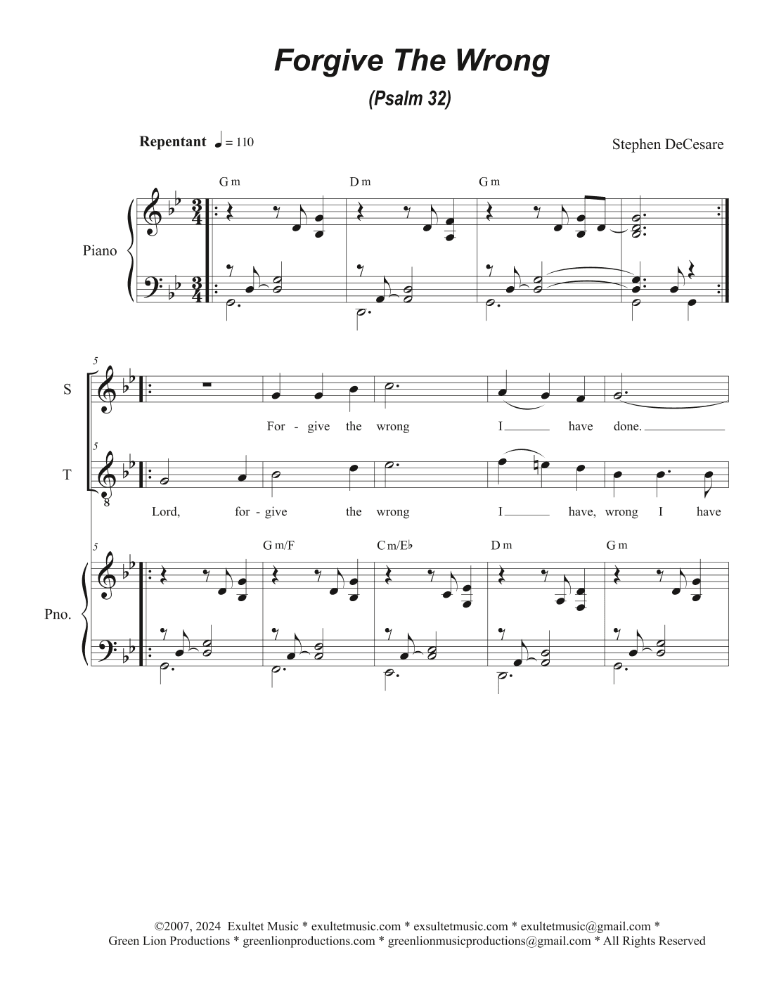 Forgive The Wrong (Psalm 32) (2-part choir - (Soprano and Tenor)