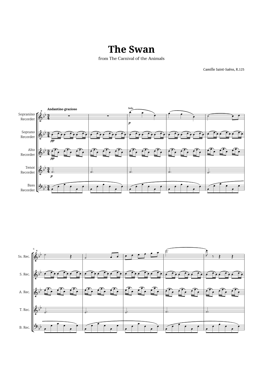 The Swan by Saint-Saëns for Recorder Quintet (arr. Langanho)