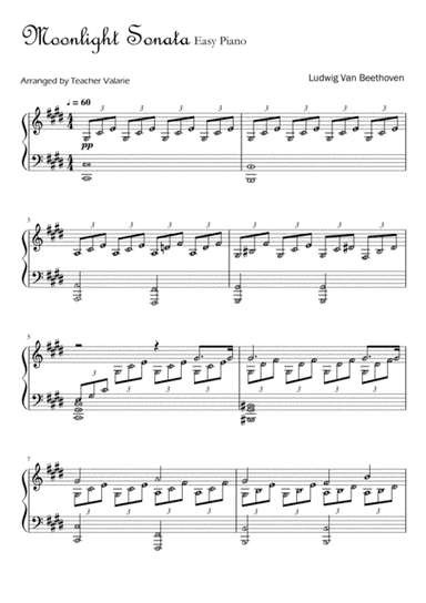 Moonlight Sonata BEETHOVEN Piano Solo - Easy, Short, Original Level 4 (arr. Harmony Valarie @ Teacher Valarie)