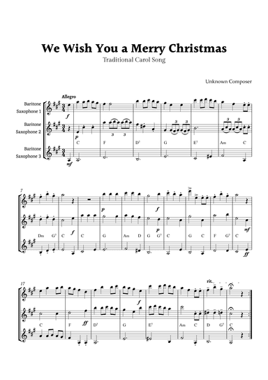 We Wish you a Merry Christmas for Baritone Saxophone Trio with Chords (arr. Rika K.)