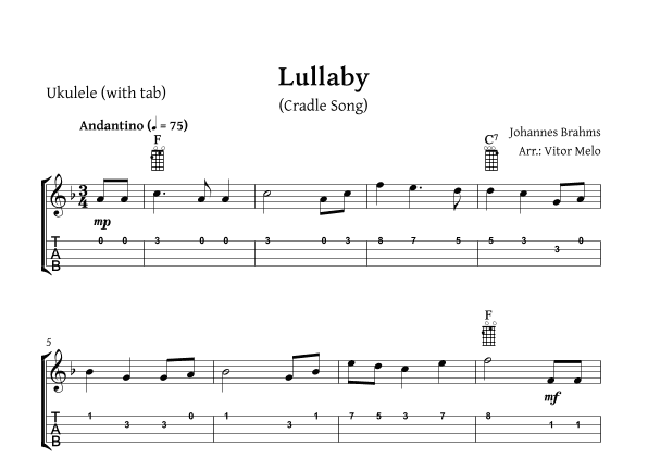 Brahms Lullaby - Ukulele (with tablature) (arr. Vitor Melo)