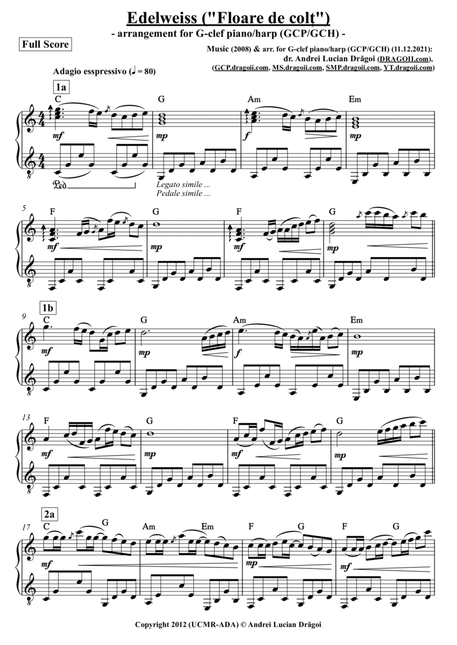 Edelweiss ("Floare de col?") - arr. for G-clef piano/harp (GCP/GCH) (from my Piano album vol. 1) -
