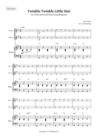 Twinkle Twinkle Little Star for Violin Duet and Piano Easy Beginner with chord symbols (arr. GS Publishing)
