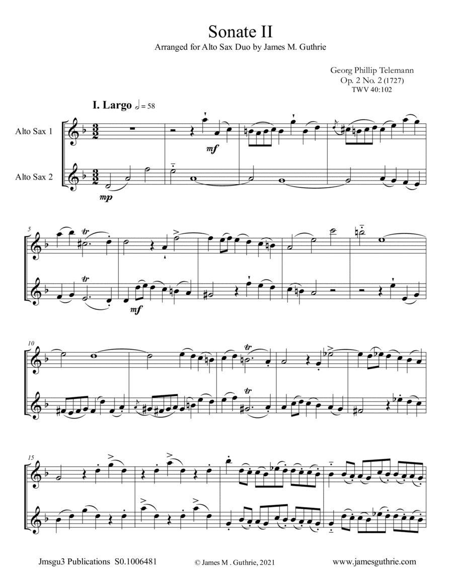 Telemann: Sonata Op. 2 No. 2 for Alto Sax Duo (arr. James M. Guthrie)