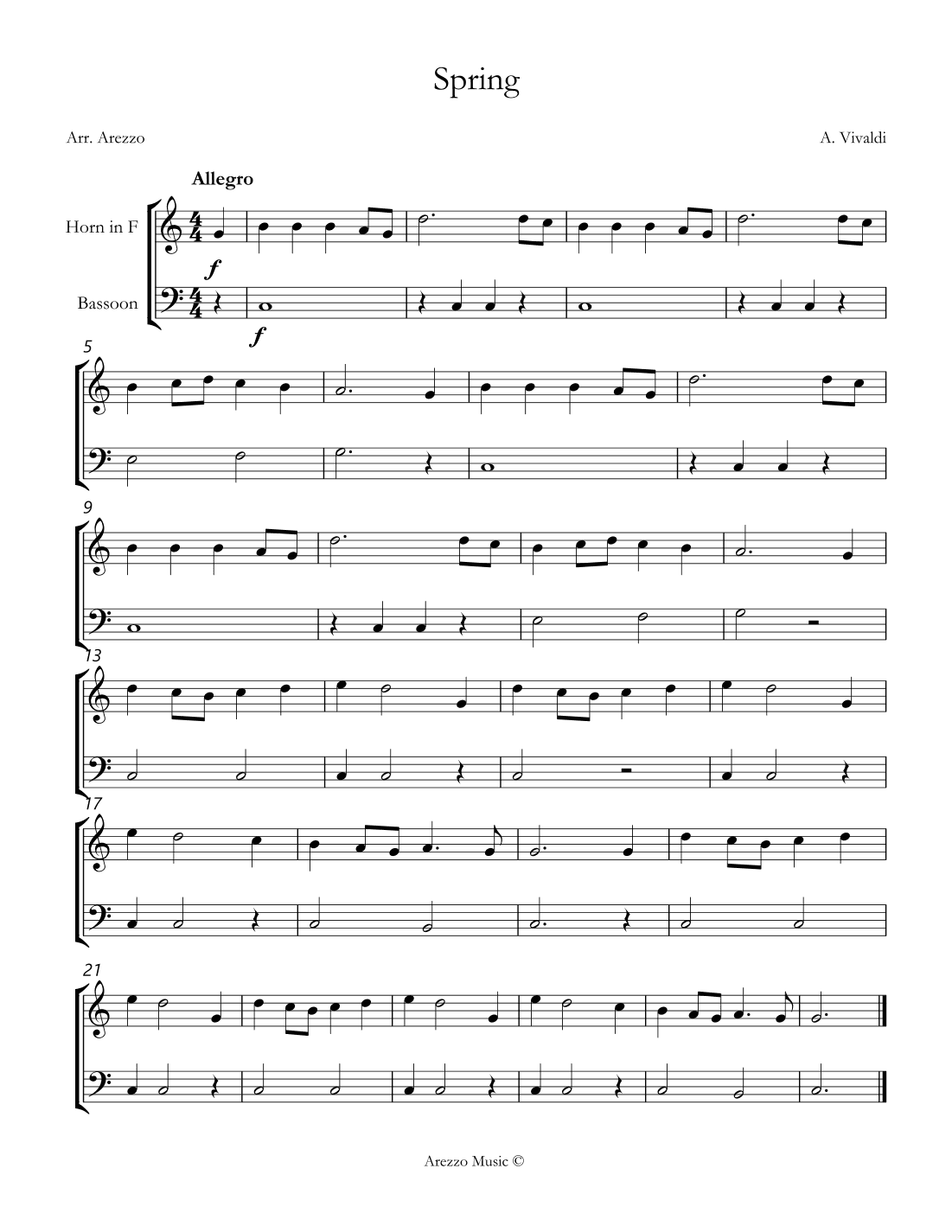 vivaldi spring easy French Horn and Bassoon sheet music (arr. Arezzo Music)