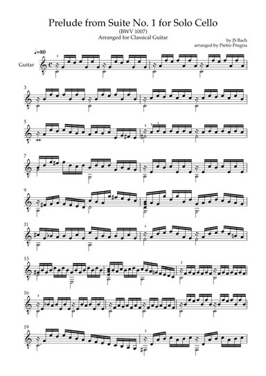 Prelude (from Suite No. 1 for Solo Cello) (BWV 1007) by JS Bach - arr for Solo Guitar in C major (arr. Pietro Prugna)