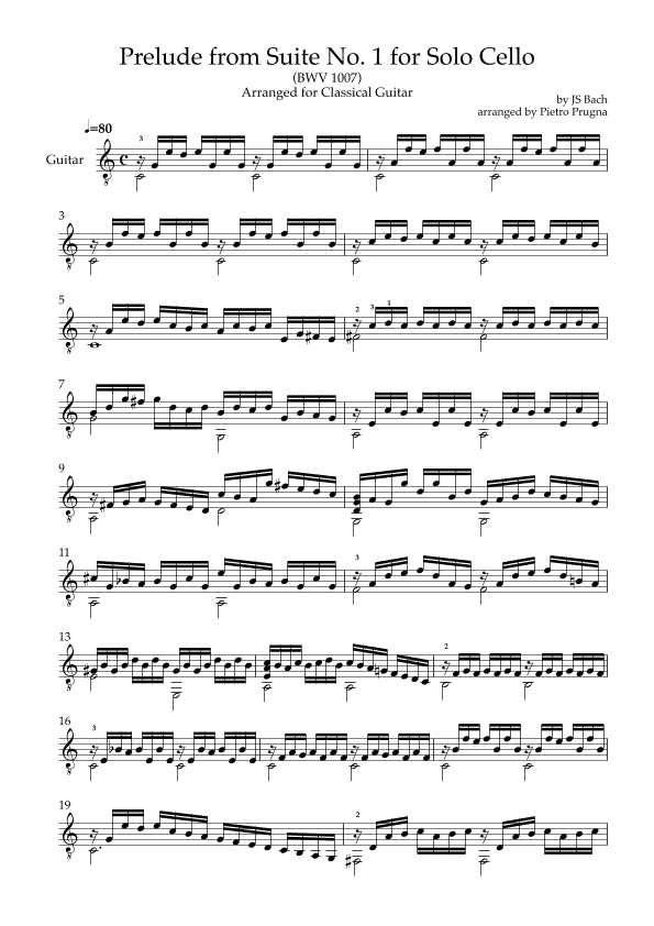 Prelude (from Suite No. 1 for Solo Cello) (BWV 1007) by JS Bach - arr for Solo Guitar in C major (arr. Pietro Prugna)