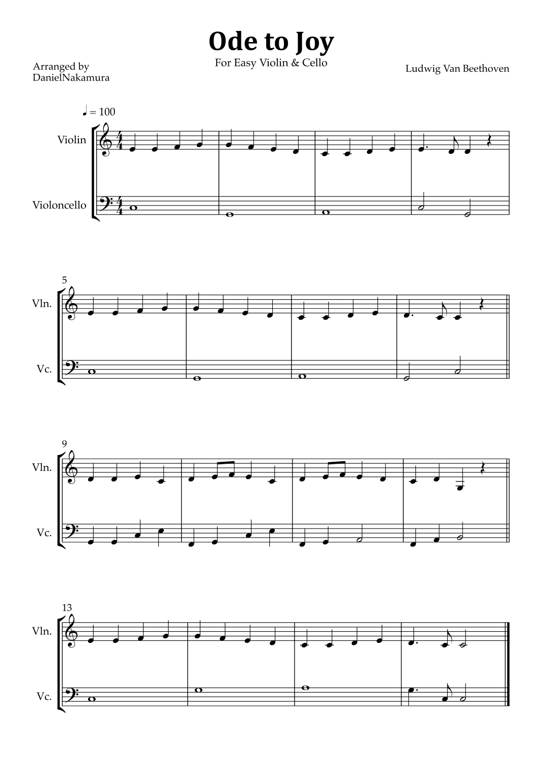 Ode to Joy (Easy Violin and Cello) (arr. Daniel Nakamura)