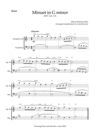 Minuet in G minor BWV anh 115 (Bach) Trumpet and Trombone chords (arr. Cadu Barcelos)