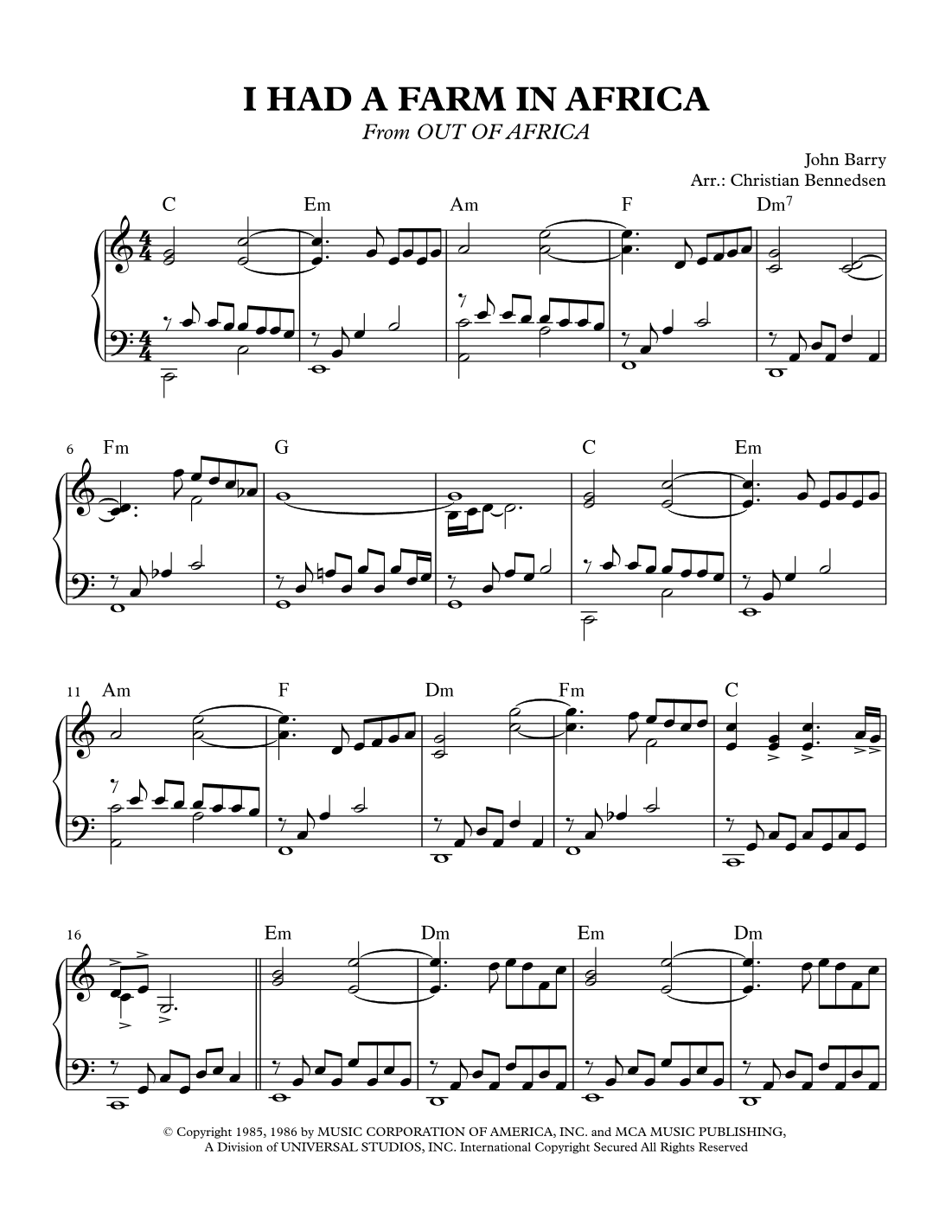 I Had A Farm In Africa (main Title) (arr. Christian Bennedsen)