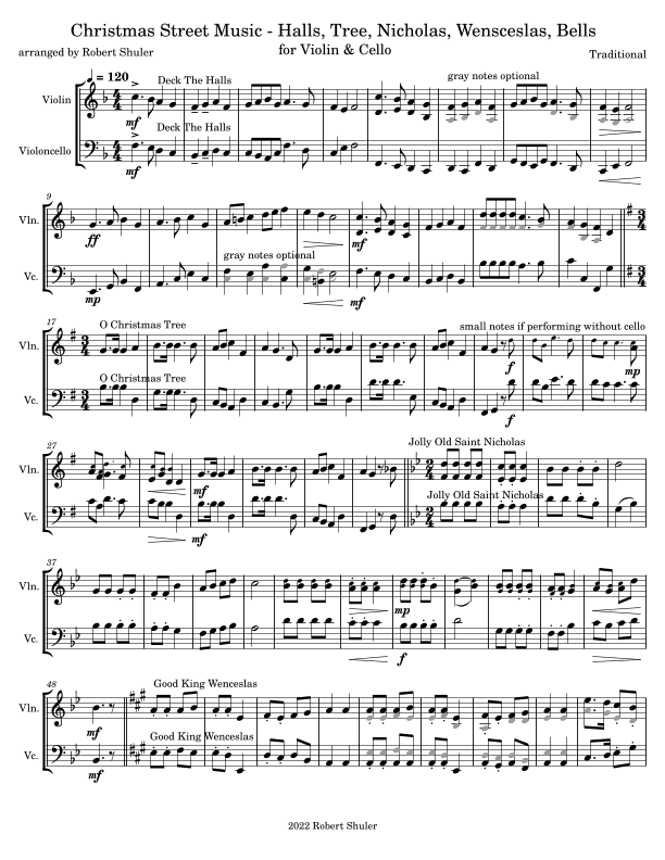 Christmas Street Music - Halls, Tree, Nicholas, Wenceslas, Bells - Violin & Cello (arr. Robert Shuler)
