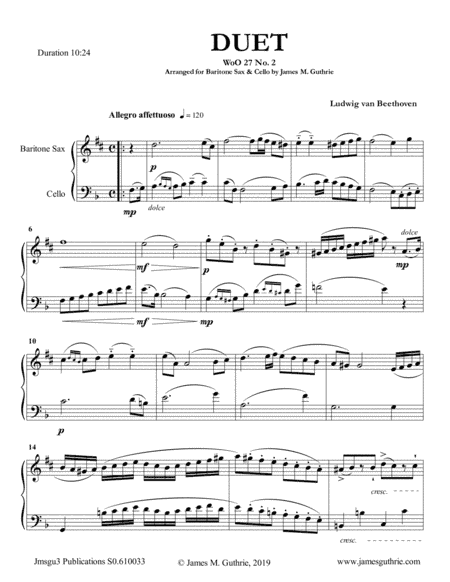 Beethoven: Duet WoO 27 No. 2 for Baritone Sax & Cello (arr. James M. Guthrie, ASCAP)