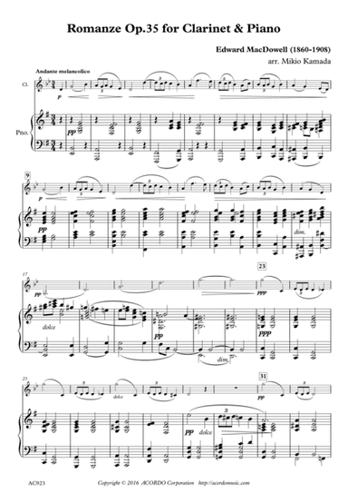 Romanze Op.35 for Clarinet & Piano (arr. Mikio Kamada)