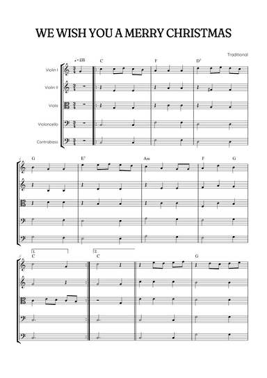 We Wish You a Merry Christmas for String Quintet • easy Christmas sheet music w/ chords (arr. Benzaiten Editions)