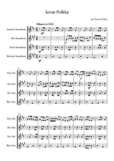 Ievan Polkka for Saxophone Quartet (arr. Tomaz Nedoh)