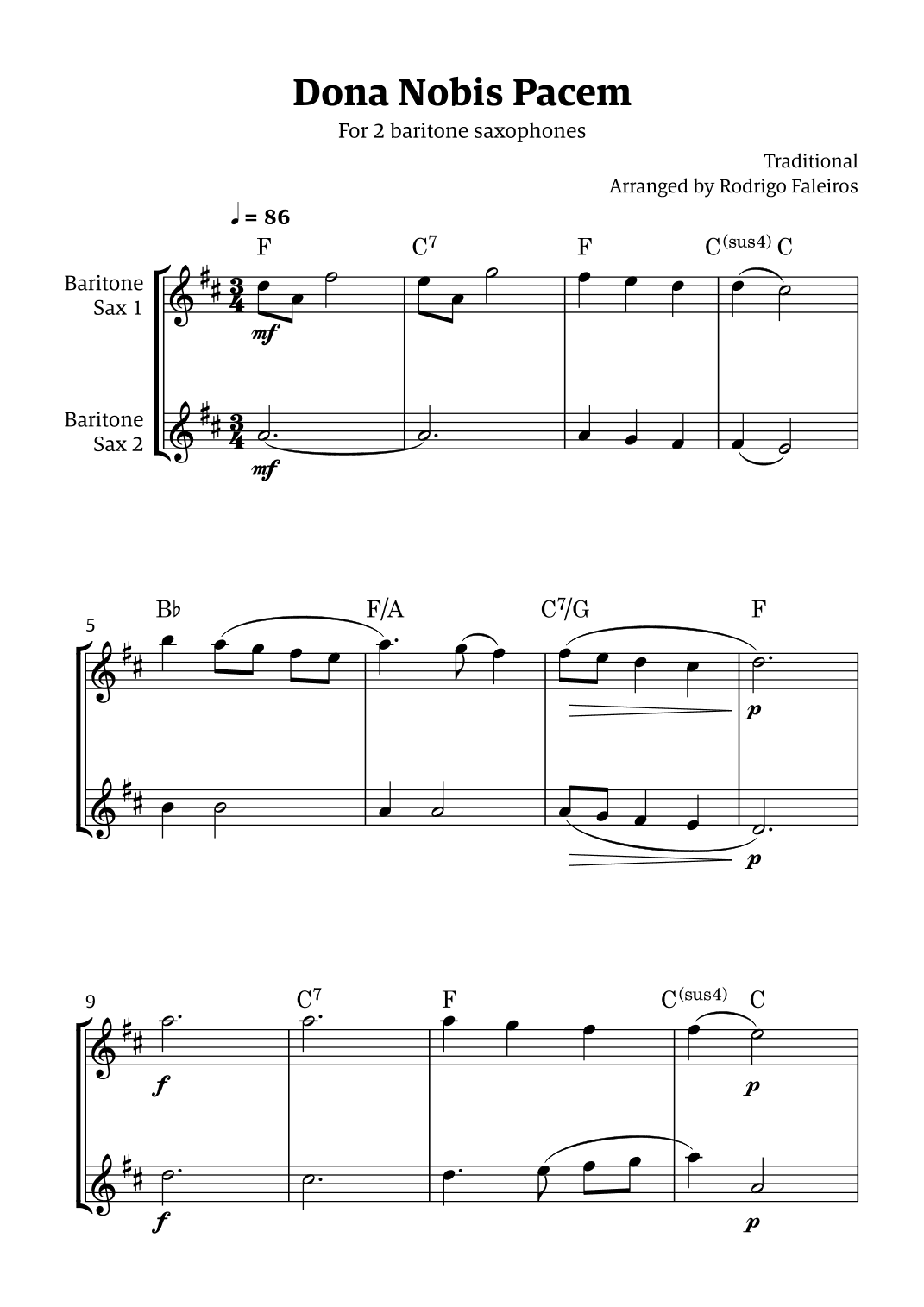Dona Nobis Pacem - for 2 baritone saxophones (with chords) (arr. Rodrigo Faleiros)