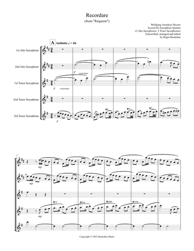 Recordare (from "Requiem") (F) (Saxophone Quintet - 2 Alto, 3 Ten) (arr. Regis Bookshar)