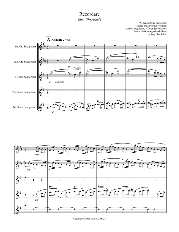 Recordare (from "Requiem") (F) (Saxophone Quintet - 2 Alto, 3 Ten) (arr. Regis Bookshar)
