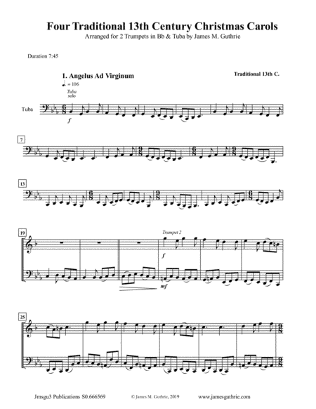 Four Traditional 13th Century Christmas Carols for 2 Trumpets & Tuba (arr. James M. Guthrie, ASCAP)
