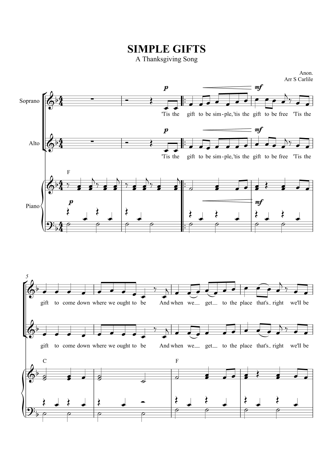 Simple Gifts (A Thanksgiving Song) (arr. SCMusic)