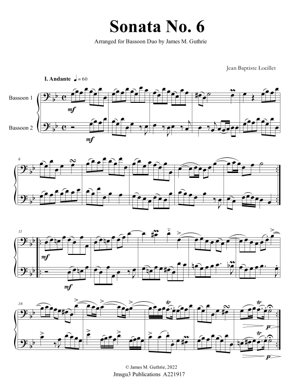 Loeillet: Sonata No. 6 for Bassoon Duo (arr. James M. Guthrie)
