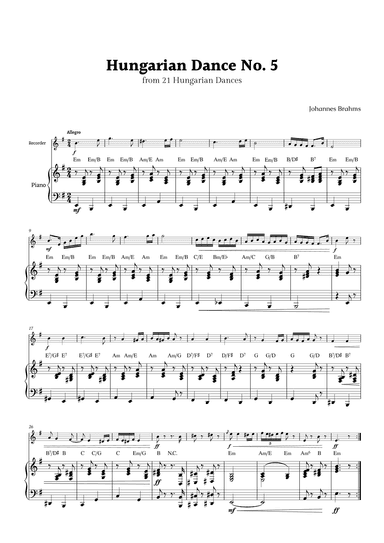 Hungarian Dance No. 5 by Brahms for Recorder and Piano with Chords (arr. Rika K.)