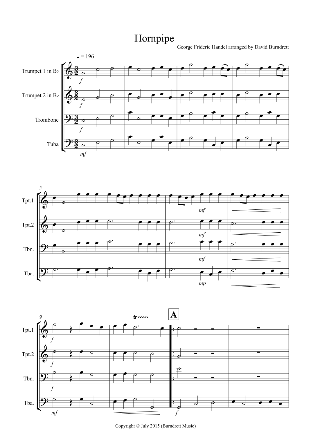 Hornpipe from Handel's Water Music for Brass Quartet (arr. David Burndrett)