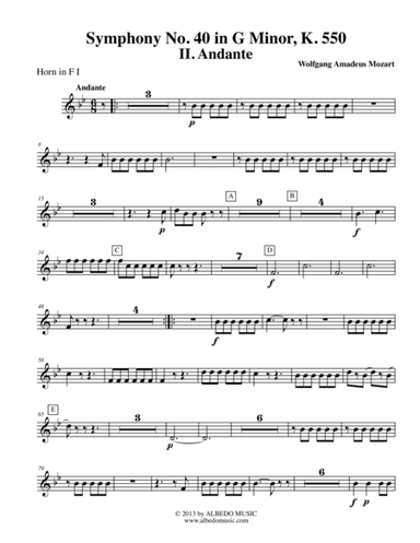 Mozart Symphony No. 40, Movement II - Horn in F 1 (Transposed Part), K. 550 (arr. Doug Clyde)