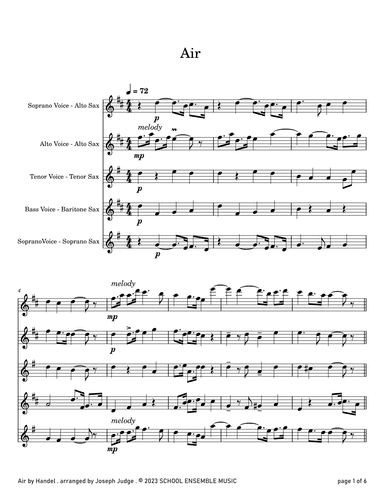 Air by Handel for Saxophone Quartet in Schools (arr. Joseph Judge)