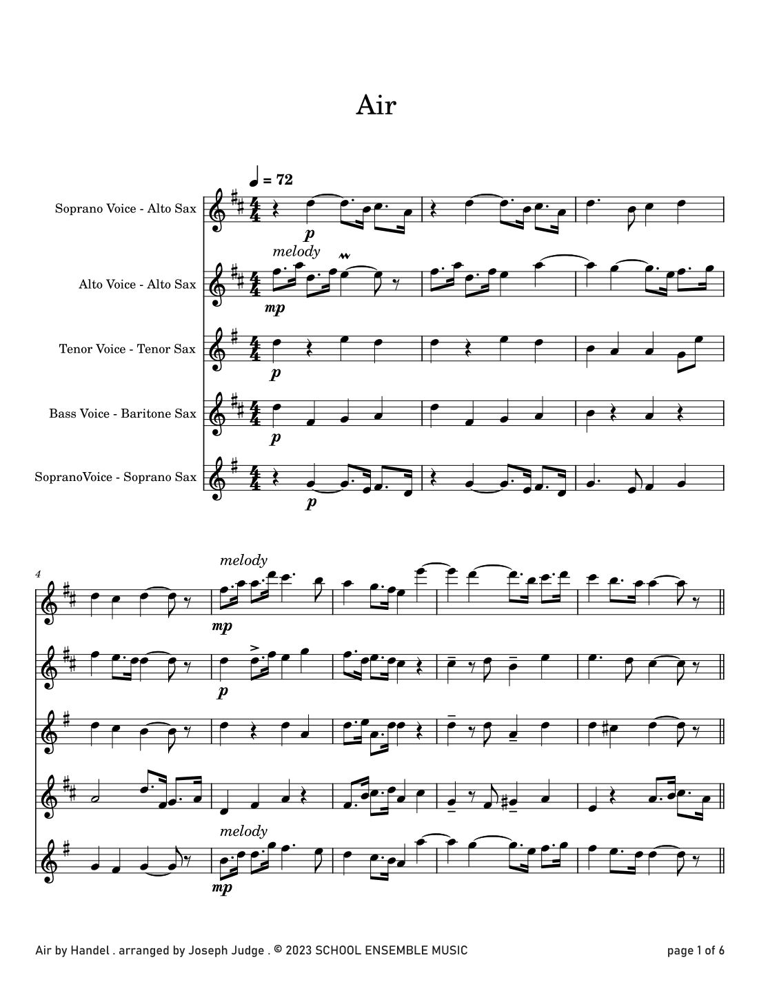 Air by Handel for Saxophone Quartet in Schools (arr. Joseph Judge)