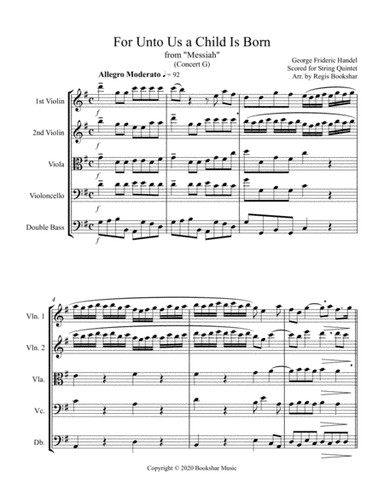 For Unto Us a Child is Born (from "Messiah") (G) (String Quintet - 2 Violins, 1 Viola, 1 Cello, 1 Ba (arr. Regis Bookshar)