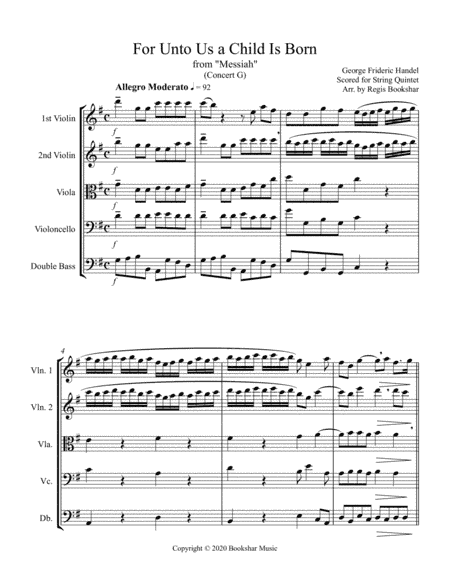 For Unto Us a Child is Born (from "Messiah") (G) (String Quintet - 2 Violins, 1 Viola, 1 Cello, 1 Ba (arr. Regis Bookshar)