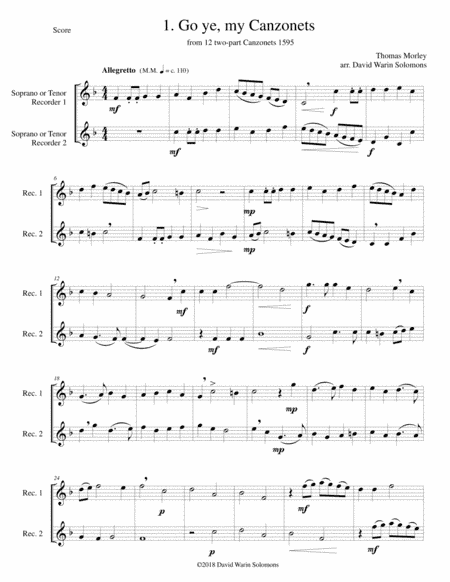 12 easy Canzonets for soprano and or tenor recorder duo (arr. David Warin Solomons)