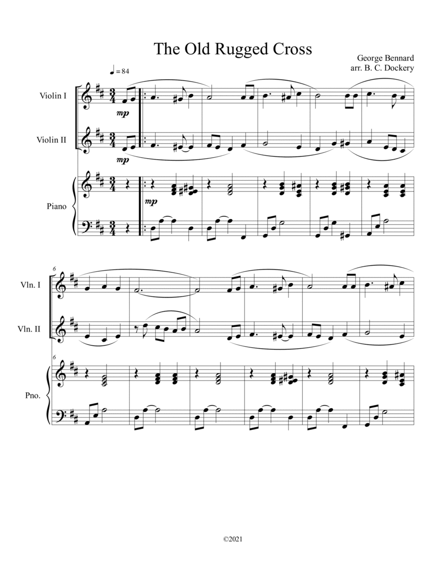 The Old Rugged Cross (violin duet) with optional piano accompaniment (arr. B. C. Dockery)