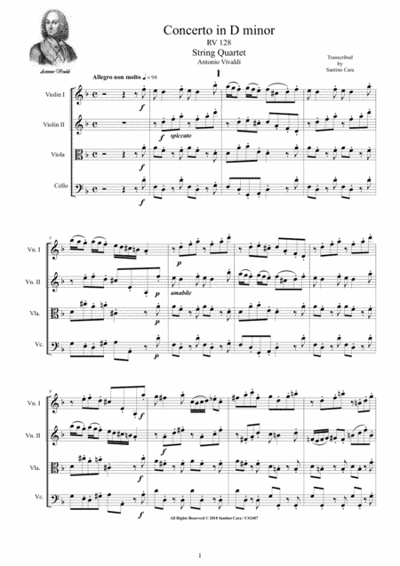 Vivaldi - Concerto in D minor RV 128 for String Quartet (arr. Santino Cara)