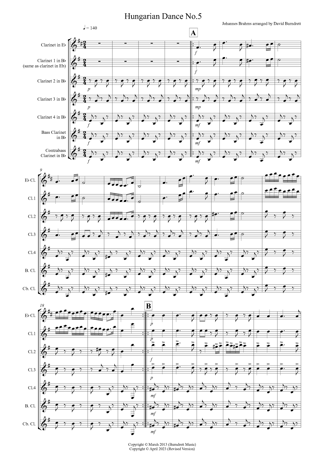Hungarian Dance No.5 for Clarinet Choir (arr. David Burndrett)